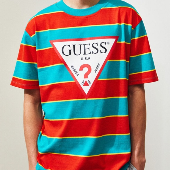 Guess Shirts Striped Logo T Shirt Mens Xl Teal Red Poshmark